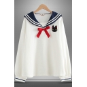 Casual Girls Striped Pattern Long Sleeve Bow Detail Relaxed Navy Collar Sweatshirt
