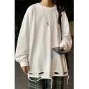 Creative Pure Color Round Neck Long-sleeved Broken Hole Loose Fitted Tee Shirt for Guys