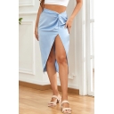 Fancy Solid Color Tangle up Midi Length High Waist Irregular Skirt for Women