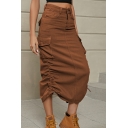Modern Pure Color Flap Pocket High Rise Ruched Detail A-Line Skirt for Ladies