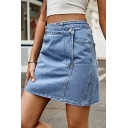 Freestyle Pure Color High Waist Fitted Button down Denim Asymmetrical Skirt for Ladies