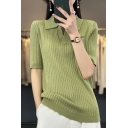 Casual Women Whole Colored Spread Collar Half Sleeves Fitted Polo Shirt
