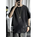 Athletic Guy's Solid Round Collar Ripped Design Half Sleeve Regular Fit Tee Top