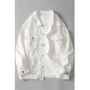 Retro Guy's Solid Chest Pocket Spread Collar Long Sleeve Loose Button Placket Denim Jacket