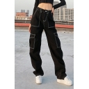 Chic Pure Color Mid Rise Loose Front Pocket Full Length Cargo Pants for Girls