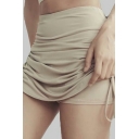 Edgy Women Solid Color Ruched Detail High Waist Skinny Double Layer A-Line Skirt
