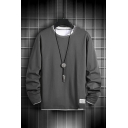 Street Style Guys Solid Fake Two Piece Long Sleeve Loose Crew Collar Pullover Sweatshirt