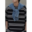 Guy's Leisure Striped Printed Crew Neck Short Sleeve Relaxed Suitable Tee Top