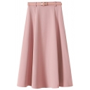 Original Women Solid High Waist Midi Length Fitted Belt Design A-Line Skirt