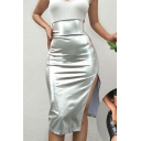 Boyish Ladies Pure Color Split Design High Waist Midi Length Bodycon Skirt