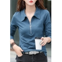 Ladies Fashionable Pure Color Regular Long Sleeve Point Collar Zip-up Polo Shirt