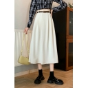 Causal Girls Pure Color High Rise Fitted Midi Length Pleated Skirt