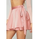 Stylish Whole Colored High Waist Mini Length Bow Detail Wrap Skirt for Ladies