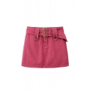 Fashionable Girls Plain High Waist Belt Detail Skinny Zip Closure A-Line Skirt