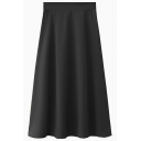 Boyish Ladies Pure Color High Waist Elastic Waist Midi Length Zip Placket A-Line Skirt