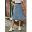Ladies Original Whole Colored Button Closure High Waist Pocket Midi Denim A-Line Skirt