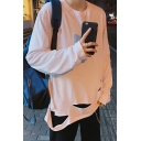 Athletic Pure Color Crew Collar Broken Hole Long Sleeves Relaxed T-Shirt for Men