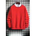 Men Retro Whole Colored Long Sleeve Round Collar Loose Fit Pullover Sweatshirt