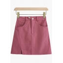 Cool Ladies Pure Color Mini Length Pocket Side Split High Waist Button Fly A-Line Skirt