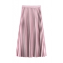 Ladies Leisure Pure Color High Rise Midi Length Elastic Waist Pleated Skirt