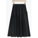 Girls Simple Whole Colored High Rise Flap Pocket Midi Length Elastic Waist A-Line Skirt