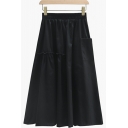 Fashion Solid Color Elastic Waist Pocket Detail Midi Ruffles A-Line Skirt for Women