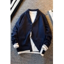 Leisure Boy's Contrast Color Rib Hem Round Collar Long-Sleeved Baggy Button Fly Cardigan