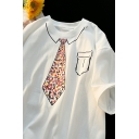 Dashing Boys 3D Tie Printed Round Collar Short Sleeves Oversized Tee Top
