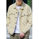 Vintage Mens Solid Color Pocket Spread Collar Long Sleeve Fitted Button Fly Denim Jacket