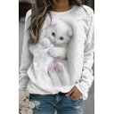Hot Womens 3D Cat Print Fitted Long-Sleeved Round Collar Pullover Sweatshirt