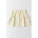 Fashionable Girls Plain High Waist Flap Pocket Mini Length A-Line Skirt
