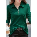 Ladies Stylish Whole Colored Long Sleeves Zip Closure Turn-down Collar Polo Shirt