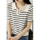 Cool Striped Pattern V-neck Short-sleeved Regular Fit Polo Shirt for Girls