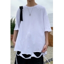 Creative Guys Plain Ripped Detail Short-sleeved Crew Neck Loose Fit T-shirt