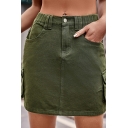 Hot Solid Flap Pocket High Waist Mini Length Zip Placket A-Line Skirt for Ladies