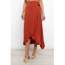 Women Trendy Solid Lace-up Detail Maxi Length Ruffles High Waist Asymmetrical Skirt