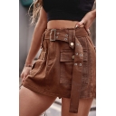 Elegant Women Whole Colored Flap Pocket High Rise Mini Belt Zipper A-Line Skirt