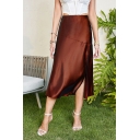 Unique Girls Whole Colored Split Design High Waist Midi Length A-Line Skirt