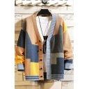Street Style Guy's Contrast Color Long Sleeve Relaxed Single Breast V-neck Cardigan