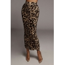 Basic Ladies Leopard Pattern Skinny Maxi Length High Rise Sashes Bodycon Skirt