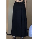 Elegant Women Plain High Rise Fitted Maxi Length Belt Detailed A-Line Skirt