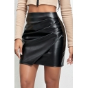 Ladies Creative Whole Colored Sashes Detail Mini Length High Rise Leather Skirt