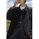 Urban Mens Solid Pocket Spread Collar Long Sleeve Loose Fit Button Placket Denim Jacket