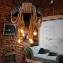 Industrial Chandelier Lighting Fixture Vintage Drum Rope for Living Room