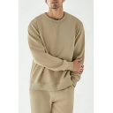 Elegant Plain Ribbed Hem Long-Sleeved Loose Fit Crew Collar Pullover Sweatshirt for Men