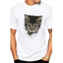 Simple Men 3D Cat Pattern Round Collar Short-sleeved Regular Fit Tee Top