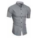 Edgy Mens Pure Color Stand Collar Slim Fit Short Sleeve Button Closure Shirt