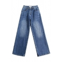 Women Retro Plain Pocket Design Long Length High Rise Zip up Wide Leg Jeans
