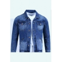 Casual Mens Pure Color Flap Pocket Long-Sleeved Spread Collar Button up Denim Jacket
