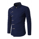 Guys Trendy Pure Color Turn-down Collar Skinny Long-Sleeved Oblique Button Shirt
